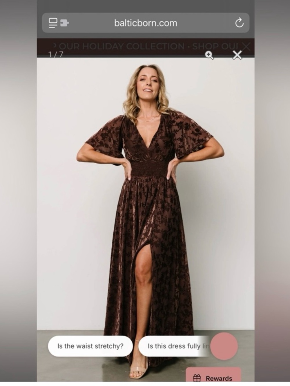 Baltic Born Chocolate Brown Velvet Maxi Dress with Flutter Sleeves